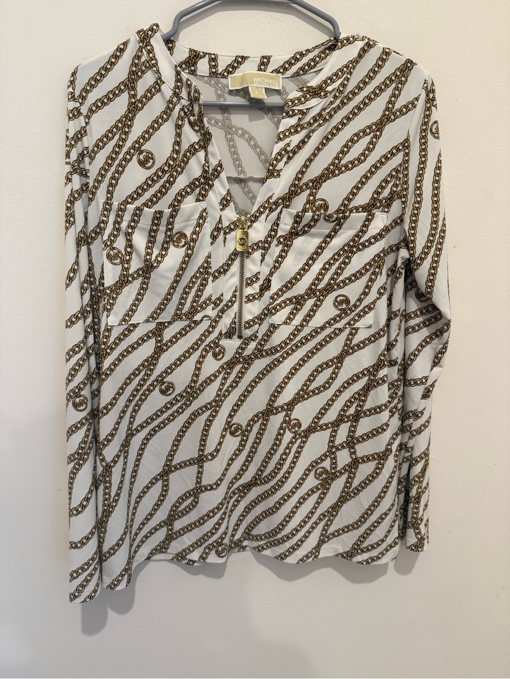 Michael Kors White Top with Brown Chain-Print and Gold Zip